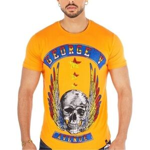 Like New Men’s AVENUE GEORGE V PARIS Orange Skull Rhinestone Tee Shirt (M)